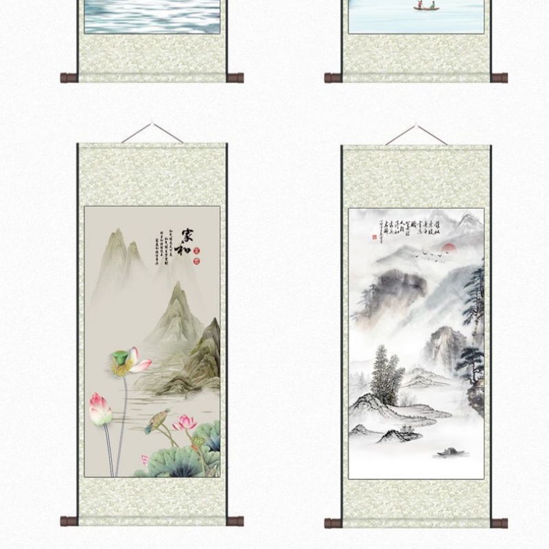 丝绸卷轴画挂画国画禅意山水画客厅装饰画 泛舟 100*35高清大图