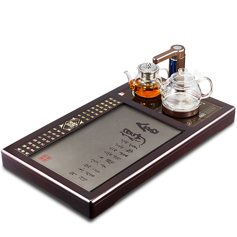 金杞(JINQI)整套玻璃茶具全自动上水电热水壶整套玻璃电磁茶炉抽水烧水保温嵌入式茶盘四合一茶托紫檀木咖啡色