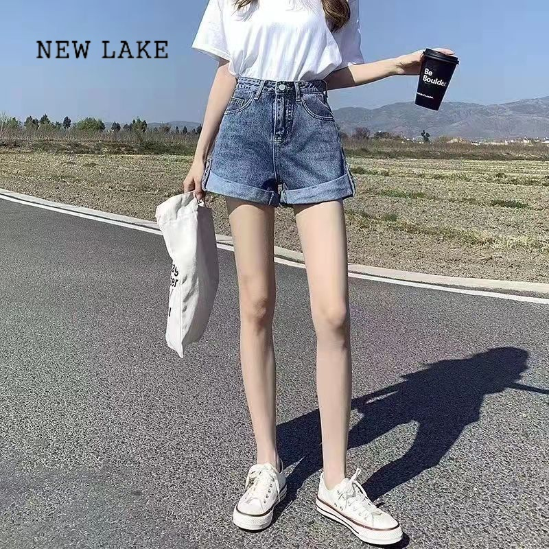new lake夏季新款大码牛仔短裤女宽松韩版翻边阔腿裤高腰显瘦a字型薄