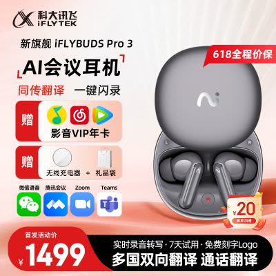 科大讯飞 Pro 3 ワイヤレスイヤホン シルバー 科大讯飞AI会议耳机iFLYBUDS Pro3无线蓝牙智能,星辰灰【价格图片品牌
