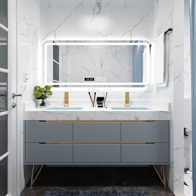 智能浴室柜组合双盆轻奢现代简约洗手洗脸卫生间洗漱台盆实木镜柜