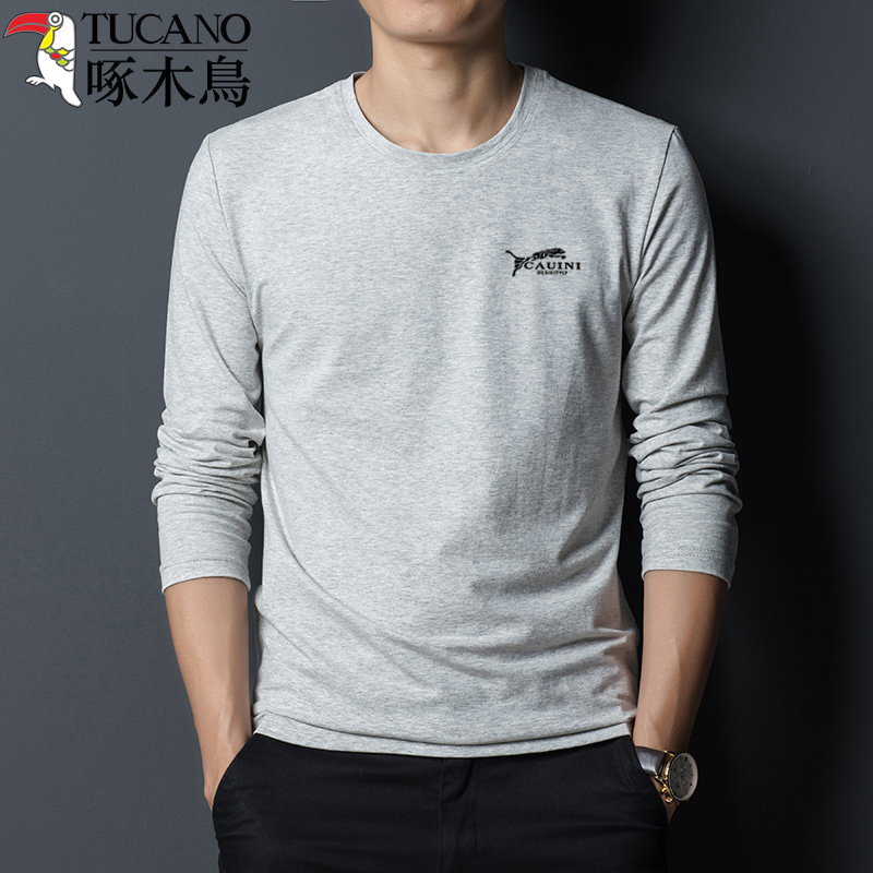 啄木鸟春秋季中年男士圆领纯棉长袖T恤宽松上衣服男装体恤打木服高清大图