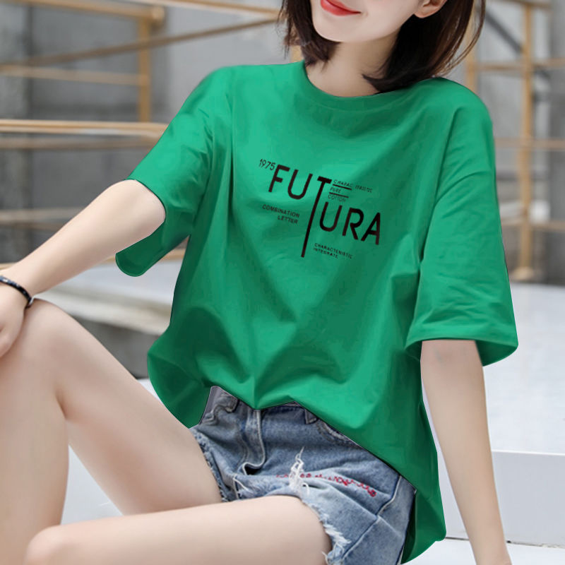 T恤女夏韩版宽松短袖休闲百搭大码字母印花女款_绿色英文字母_S75-90斤