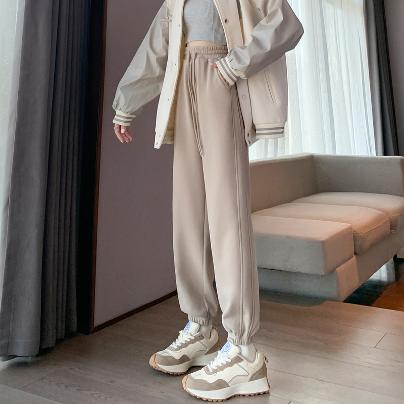 唐狮灰色运动裤女冬季2024新款直筒休闲卫裤阔腿加绒加厚休闲裤子_03 XL 驼色