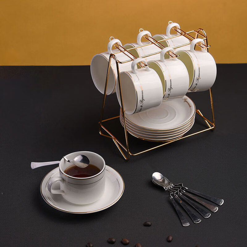 方解实咖啡杯碟套装欧式金边陶瓷杯西式红茶杯早餐杯牛奶杯6杯6碟6+杯架高清大图