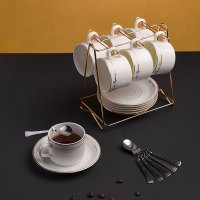 方解实咖啡杯碟套装欧式金边陶瓷杯西式红茶杯早餐杯牛奶杯6杯6碟6+杯架