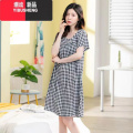 YIBUSHENG中老年棉绸睡裙女季睡衣人造棉连衣裙子绵绸款大码家居服妈妈年 小码建议85-125斤 绵绸连衣裙-黑白格子