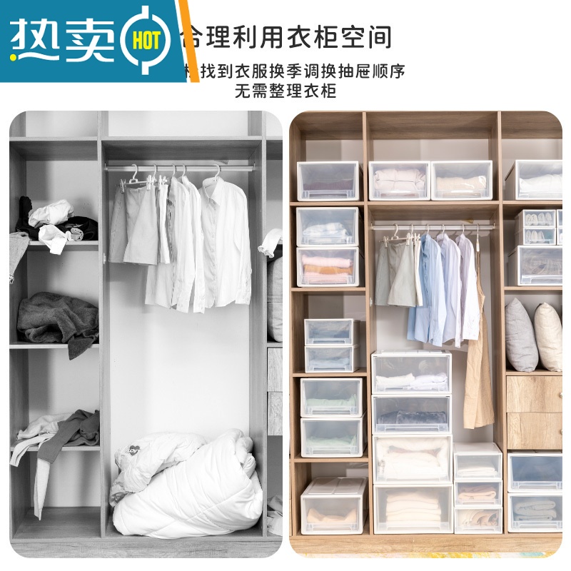 敬平抽屉式收纳箱可叠加透明衣物储物盒宿舍塑料衣柜柜子衣服整理箱子收纳柜高清大图