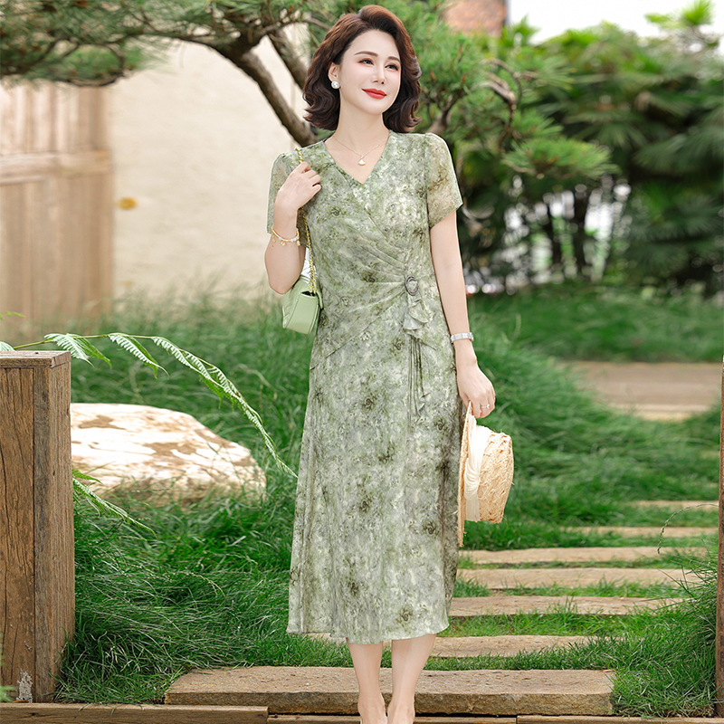 纤孜雅 时尚中年妈妈夏装短袖新款连衣裙夏季收腰显瘦气质碎花裙子