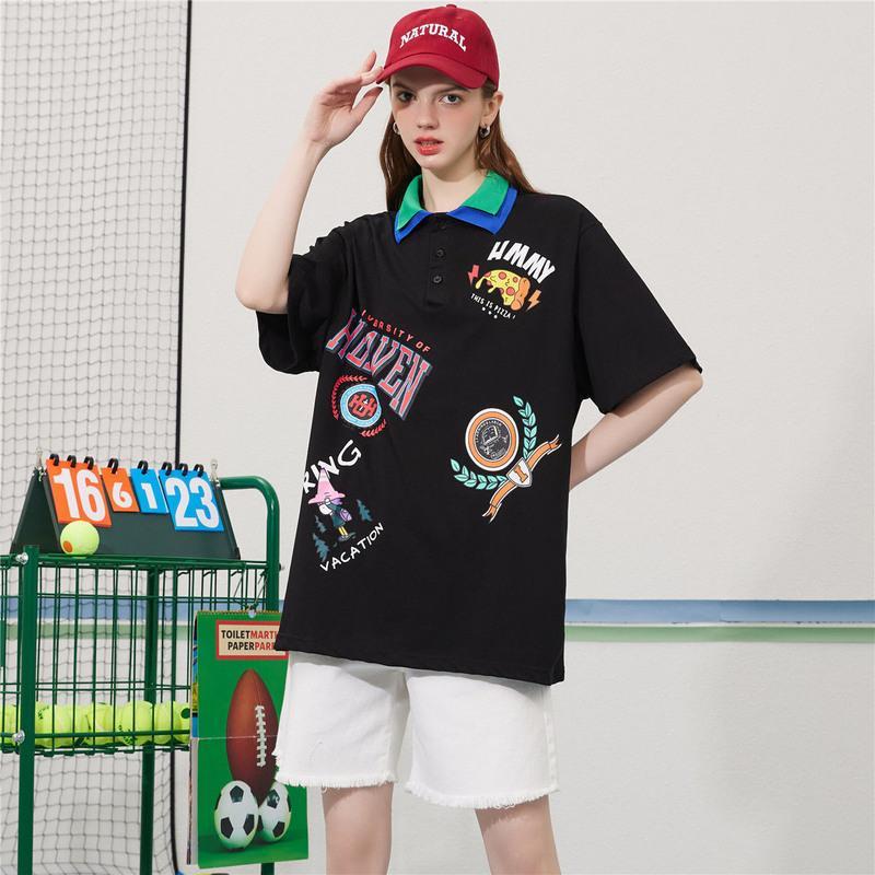 CACHE CACHE慵懒风双POLO领T恤中长款夏季洋气减龄个性印花短袖