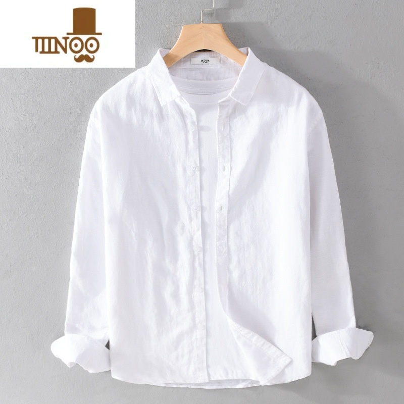 YANXU日系休闲棉麻衬衫透气深蓝色文艺简约百搭男长袖亚麻薄款宽松上衣高清大图