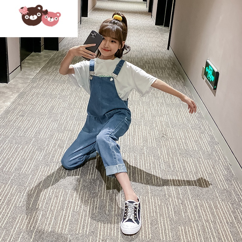 绿彩虹光女童牛仔裤夏季薄款中大童洋气儿童背带裤子夏季简约时尚女孩