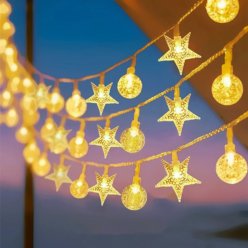 户外露营天幕氛围灯太阳能满天星星彩灯小串灯3米20灯【5号电池款】-水晶+星星【暖色】
