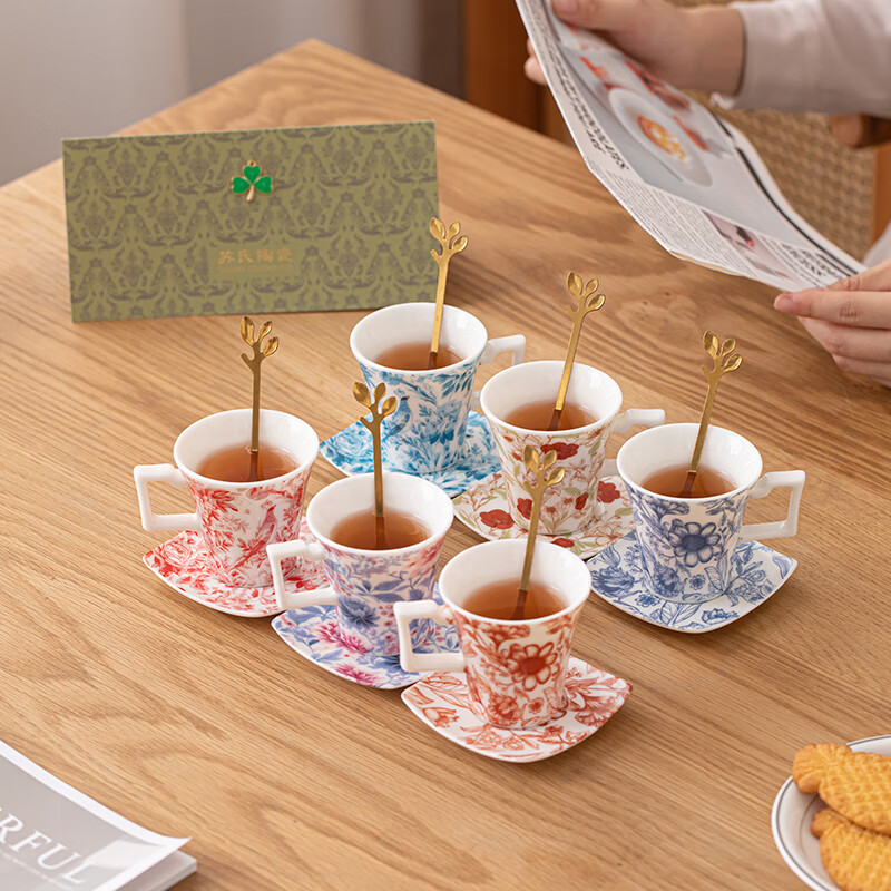 苏氏陶瓷/SUSHI CERAMICS J1092 咖啡杯蝶勺百花高档精致陶瓷杯子轻奢高级感下午茶具盒装礼物高清大图