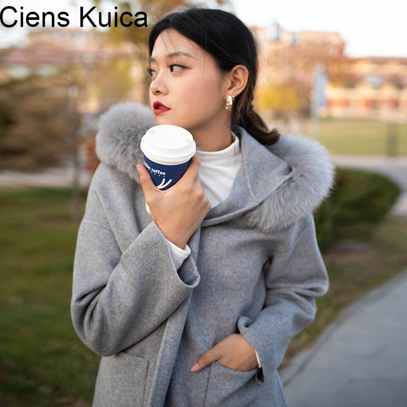 Ciens Kuica双面呢羊绒大衣女中长款韩版宽松小个子黑色连帽大衣