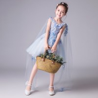 女童主持人礼服公主裙2018新款花童蓬蓬纱拖尾模特走秀钢琴演出服浅蓝色
