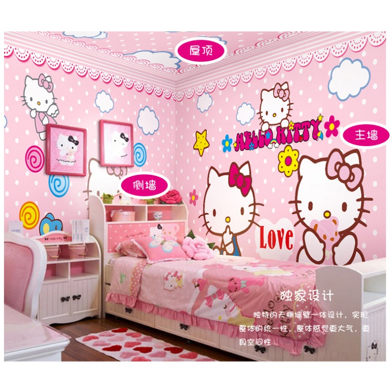 儿童房墙纸女孩卧室床头背景墙壁纸hellokitty猫卡通公主大型壁画_3_1 高档无缝丝绢真丝（整幅）