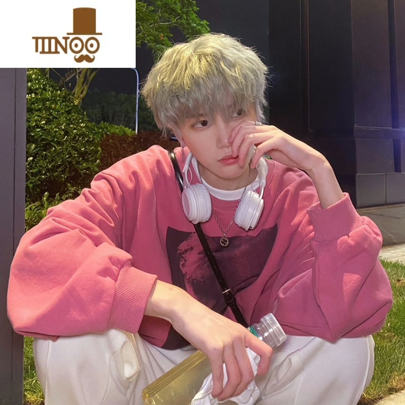 YANXU粉色美式复古圆领卫衣男款潮牌oversize小众情侣装外套高清大图