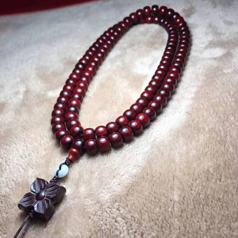 梵心阁印度小叶紫檀108颗佛珠手链鸡血红高密度无棕眼搭配四叶草设计