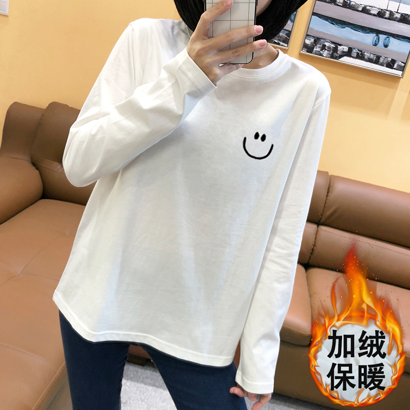 艳如飞磨毛白色打底衫女内搭春秋棉长袖t恤女韩版宽松洋气上衣女装T恤