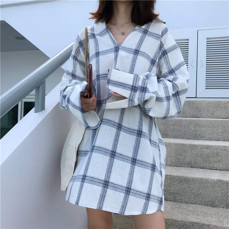 韩版季款f宽松百搭V领后背绑带格衬衫姜均