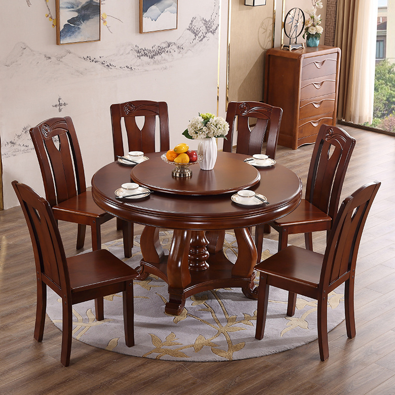 唐臻餐饮/烘焙家具008 实木圆餐桌椅组合带转盘现代简约小户型食饭台