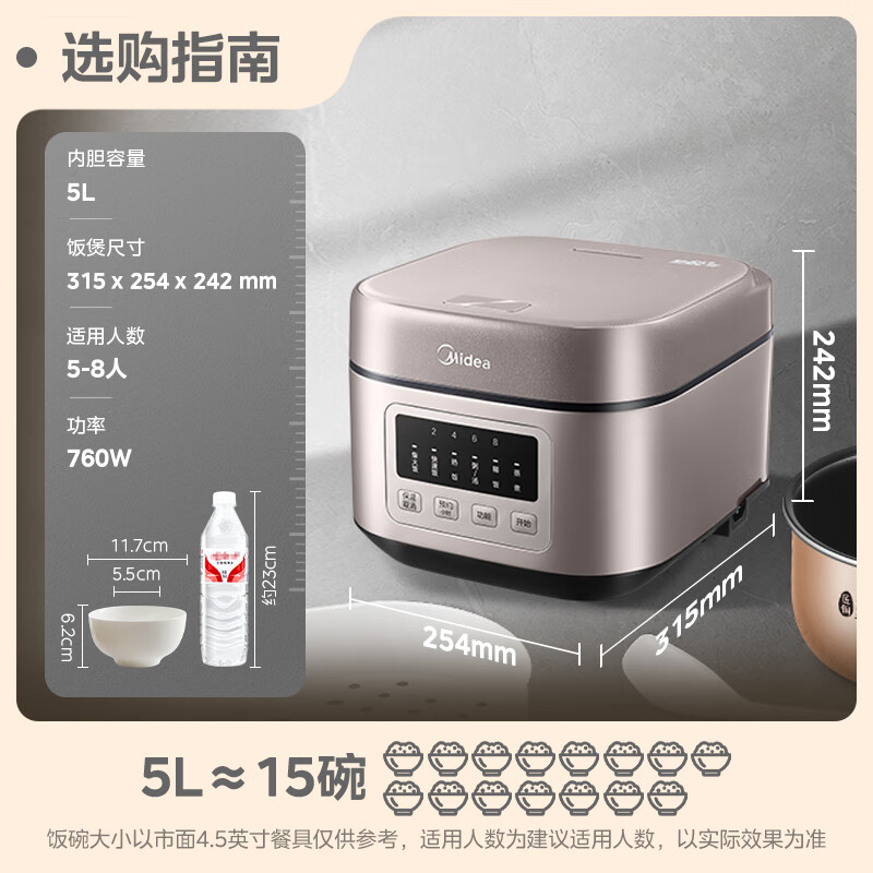 美的(Midea)5L电饭煲 五层聚能釜 七大功能菜单 8H智能预约 金属拉丝外观 电饭锅 MB-AFB5052R高清大图