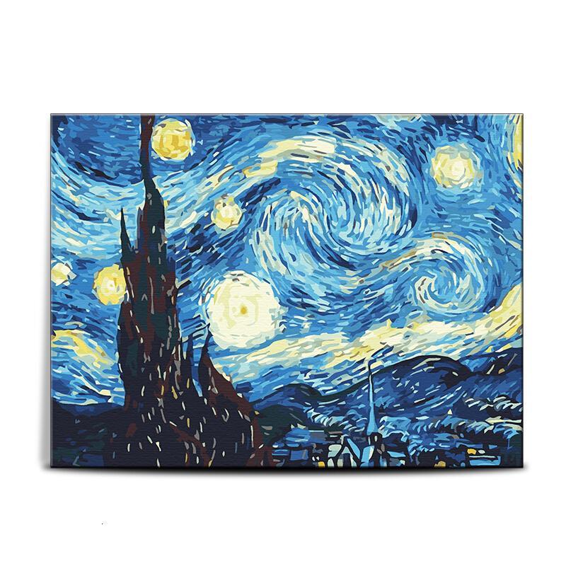18新款数字油画星空梵高手绘dly油彩画手工邮画diy装饰画xk224色40x50