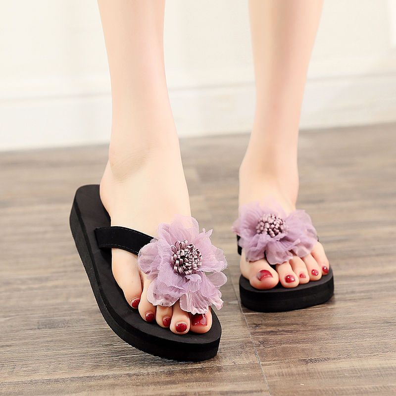 厚底人字拖女花朵拖鞋女夏外穿学生韩版夹脚防滑沙滩鞋高跟凉拖鞋 200
