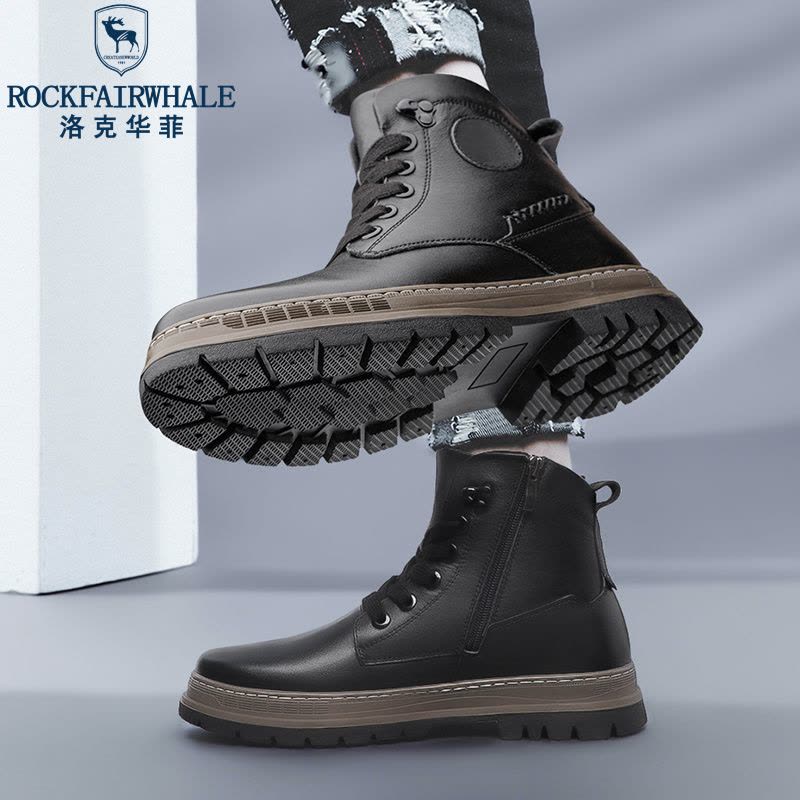 洛克华菲马丁靴男高帮2024中帮男士新款潮男鞋英伦风皮靴男款皮鞋冬季加绒图片