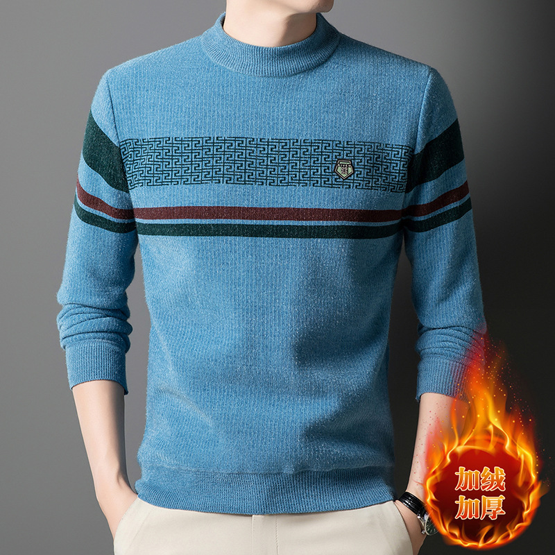 冬季男士加绒加厚针织毛衣半高领休闲保暖条纹中年男士打底针织衫_32高清大图