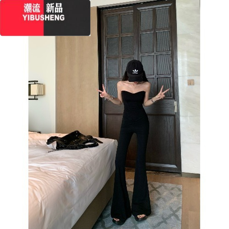YIBUSHENG辣妹鱼骨抹胸吊带上衣女季套装黑色微喇叭裤西装阔腿裤子两件套