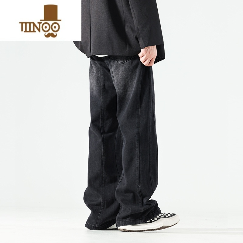 YANXU微喇叭黑色牛仔裤男款高街复古风直筒拖地水洗阔腿裤高清大图