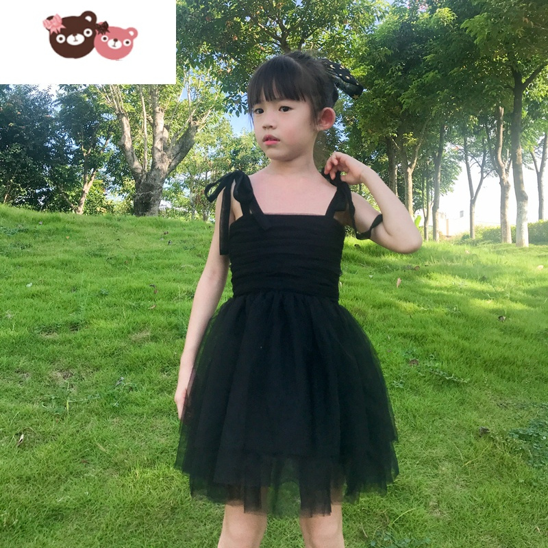 绿彩虹光女童春夏网纱连衣裙赫本洋气蓬蓬吊带裙套装女宝甜酷连身裙小黑裙连身衣