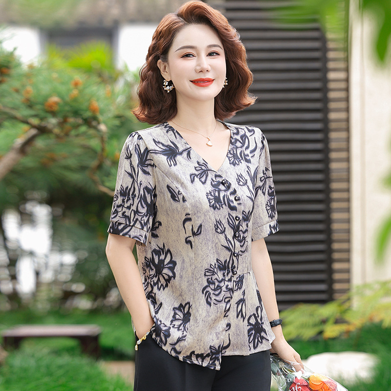 纤孜雅 气质妈妈夏装新款短袖T恤洋气减龄上衣中老年女装中式时尚衬衫上高清大图