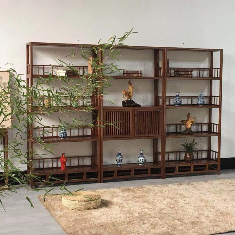 新中式书柜实木书架组合白蜡禅意展示柜博古架茶叶架古董置物架子 无_款加围栏（右侧一个）_0.8-1米宽