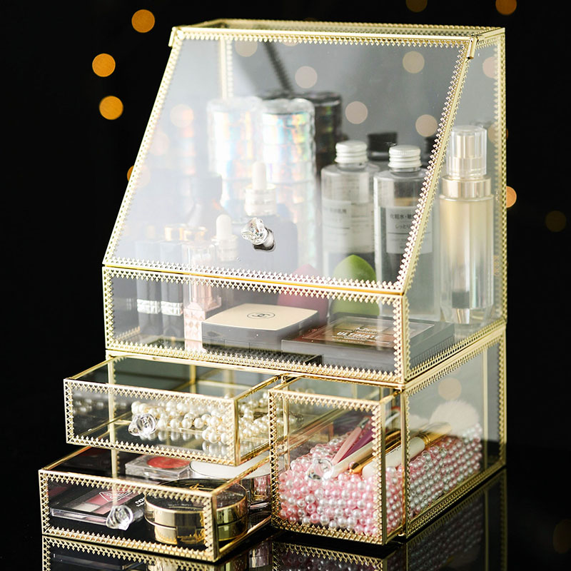 梳妆台玻璃化妆品收纳盒 桌面口红护肤品透明整理盒置物架高清大图
