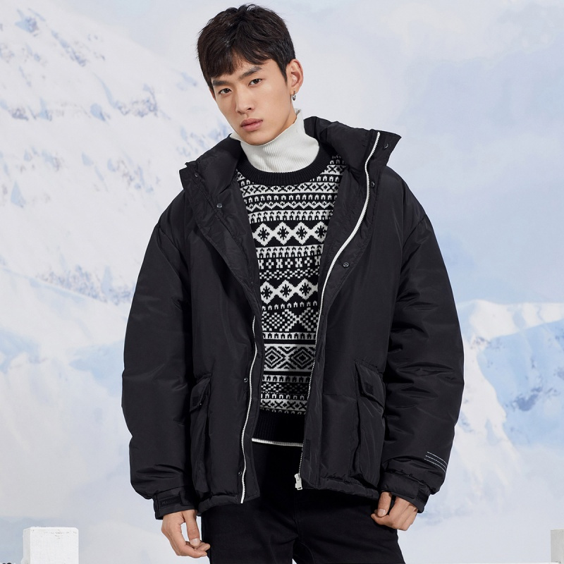 太平鸟男装冬新款oversize加厚羽绒服男女情侣嘻哈潮牌国潮外套黑色