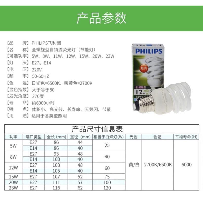飞利浦(Philips) 5W E27 TORNAD螺旋标准 节能灯泡 (单位:只)