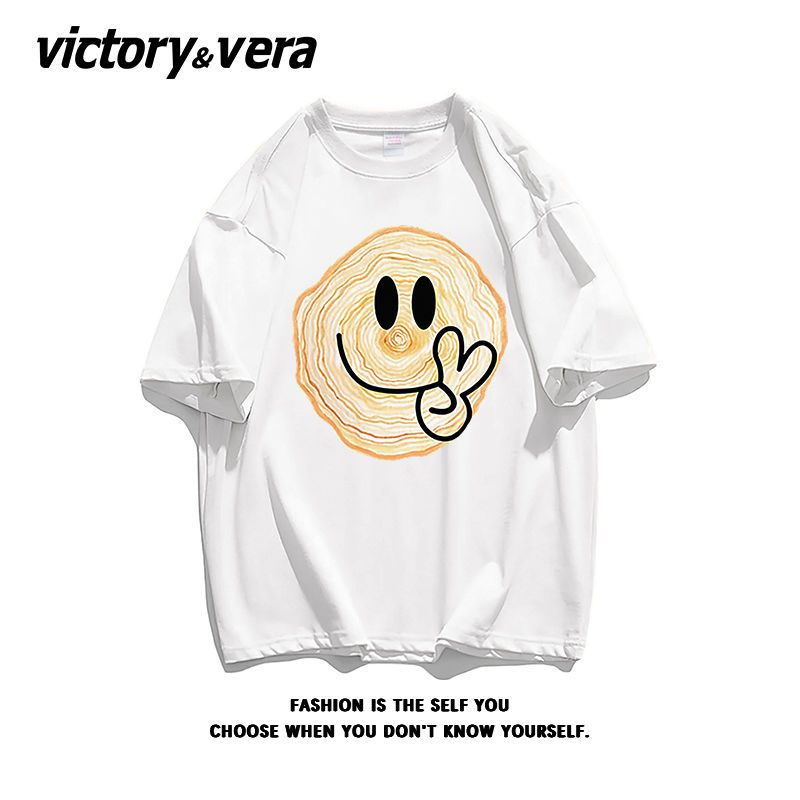 VICTORYVERA趣味笑脸印花ins盐系短袖T恤女夏季2022纯棉宽松体恤