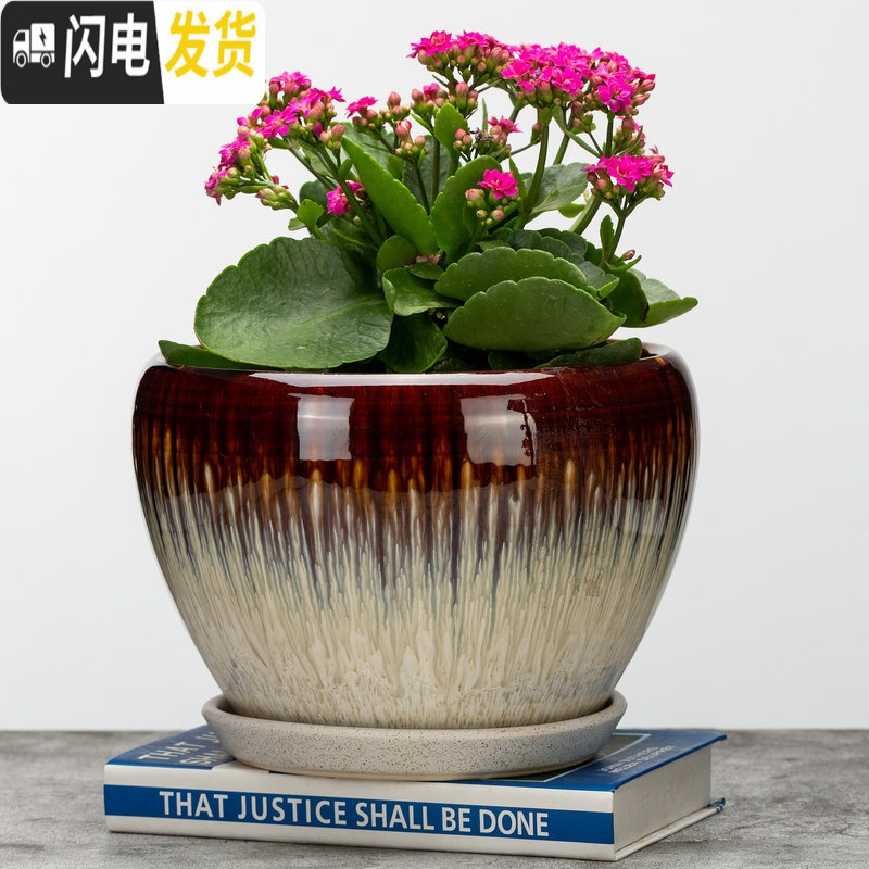 三维工匠花盆陶瓷盆家用大号兰花盆透气花盆吊兰花盆 陶瓷 特大盆栽盆 S-PG黄花釉 外肚径[约19-20cm花盆容器