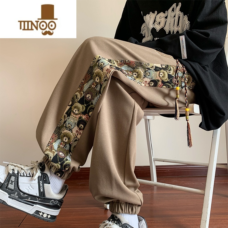 YANXU束脚卫裤男秋季国风潮牌小熊刺绣大码宽松潮流百搭休闲长裤子高清大图