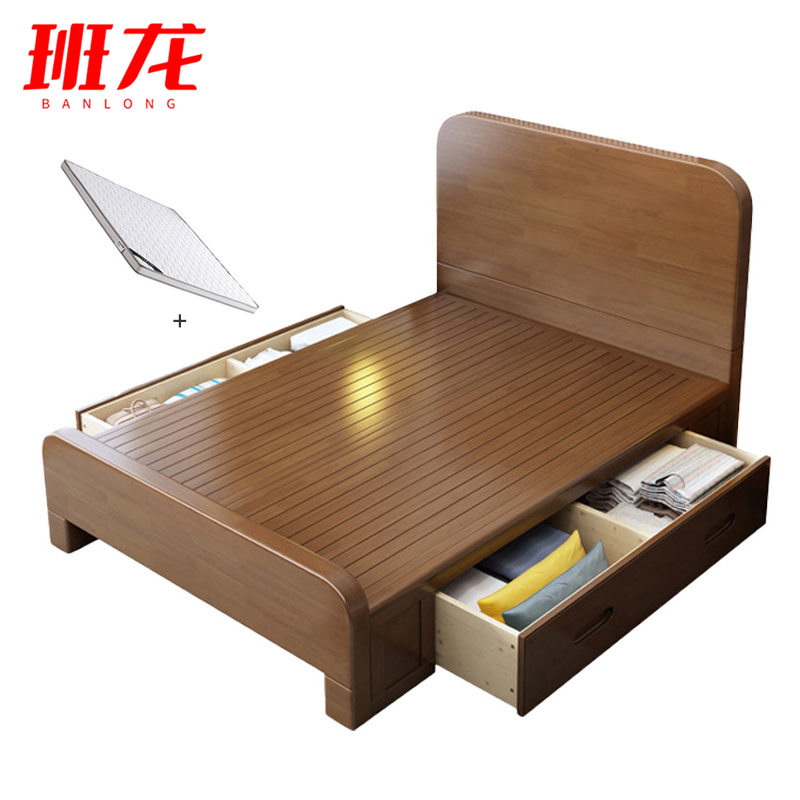 班龙高箱床1*2米+床垫胡桃色套高清大图