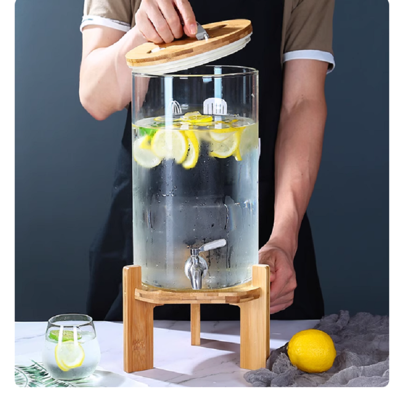 玻璃饮水机7.5升竹盖款+不锈钢龙头+底座+竹杯架+雪花杯4只
