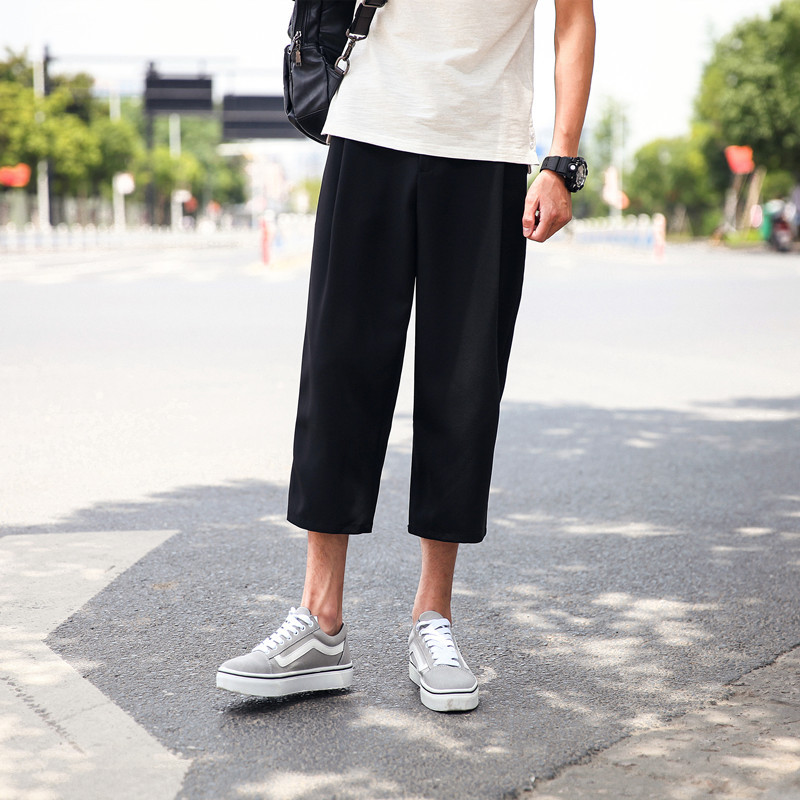 日韩风夏款阔腿裤男韩版宽松八九分裤纯色百搭休闲裤黑色裤子潮