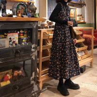 艳如飞山本风港味古着套装2020秋冬新款复古碎花遮肉长款过膝背带连衣裙连衣裙