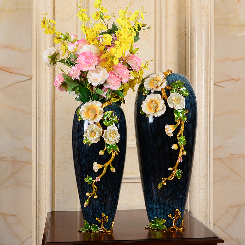 珐琅彩陶瓷玻璃花瓶摆件客厅插花美式玄关创意欧式干花北欧装饰品 三维工匠 平安聚福花瓶小(带3支玫瑰花)高清大图