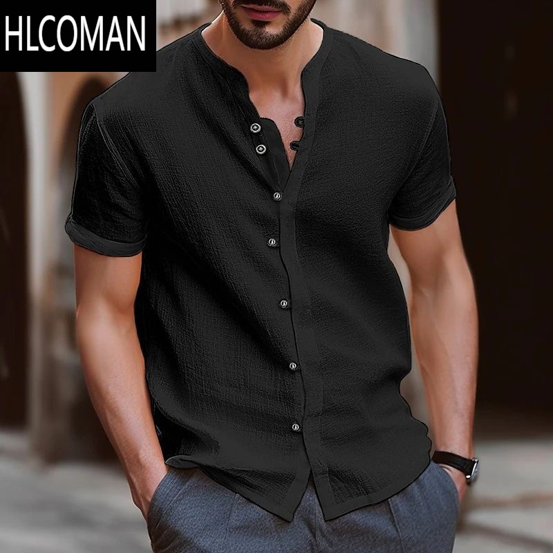 HLCOMAN特大码300斤夏季宽松复古纽扣棉麻衬衫男短袖设计感小众上衣潮牌