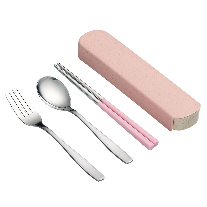 筷子勺子套装学生叉子烘焙精灵单人便携式带收纳一人食上班族盒餐具三件套 绿银三件套[赠收纳盒]