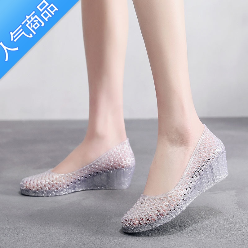 SUNTEK包头坡跟水晶凉鞋女中跟洞洞塑料室内外穿果冻鞋妈妈夏海边洗澡鞋高清大图